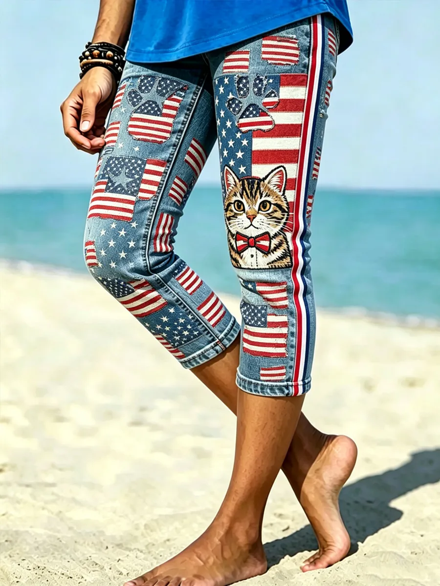 Women'S American Cat Printed Denim Pattern Leggings