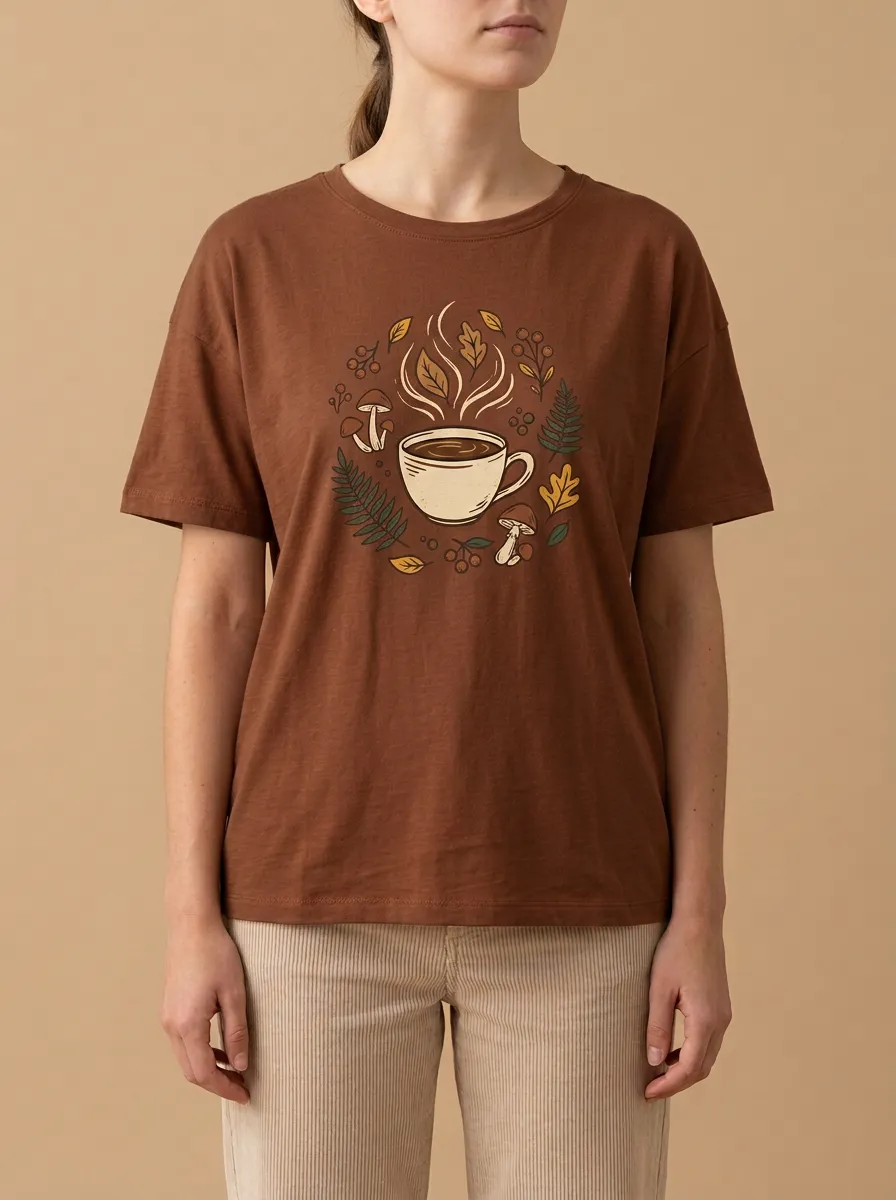 Coffee Mushroom Leaves Printed Women's Graphic T-Shirt