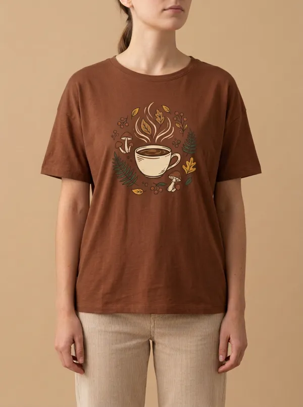 Coffee Mushroom Leaves Printed Women's Graphic T-Shirt