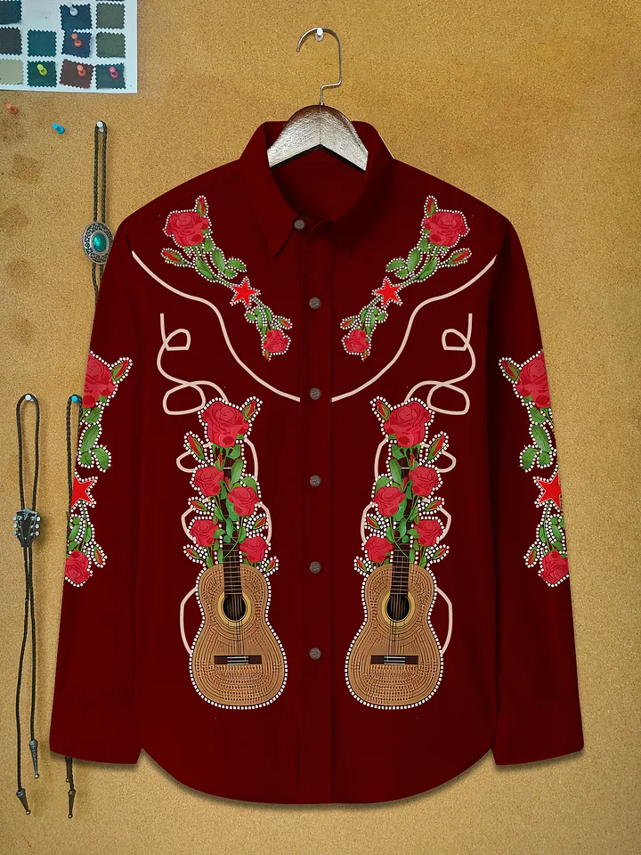 Vintage Guitar Rose Printed Hawaiian Shirt For Men Button-down Shirt Long Sleeve 100% Cotton Shirt