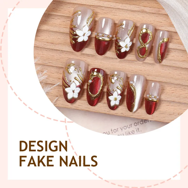 Nailhour 30Pcs Red 3D Cat Eye Medium Almond Press On Nails