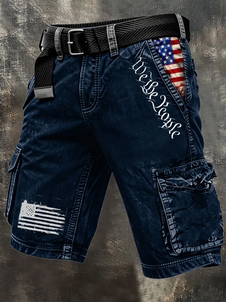 Patriot Retro Outdoor Functional Washed Distressed Denim Shorts