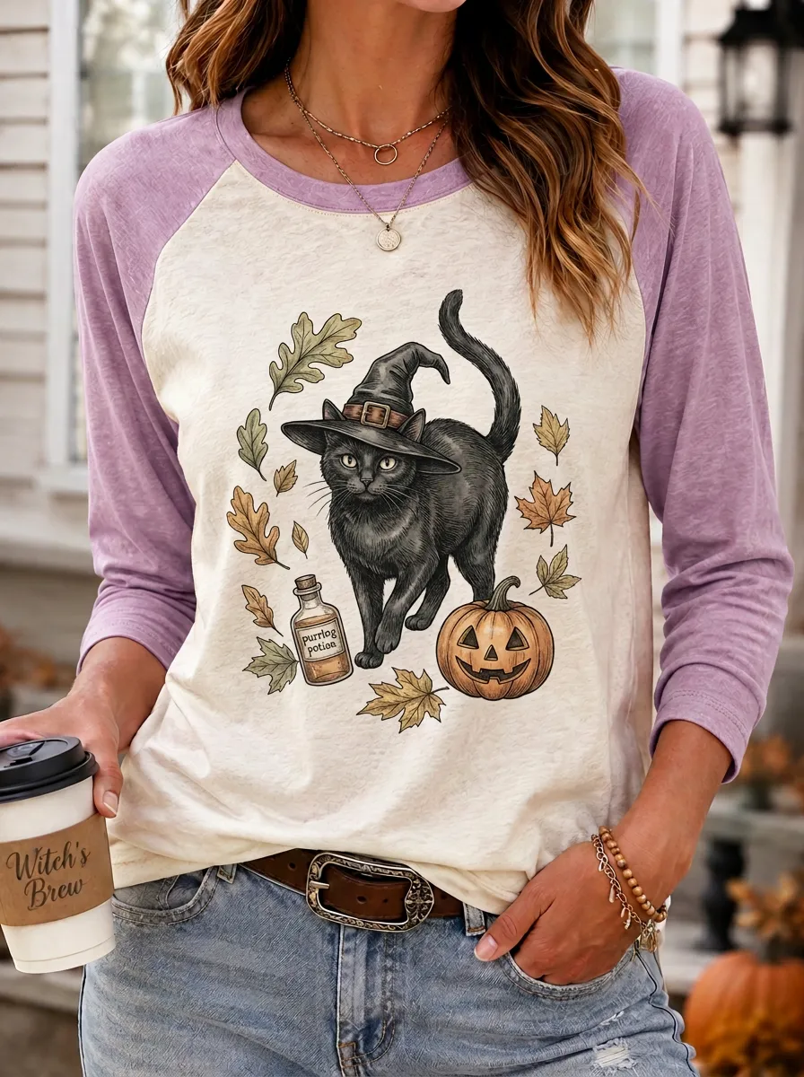 Women's Halloween Cat Witch Pumpkin Potion Printed T-shirt