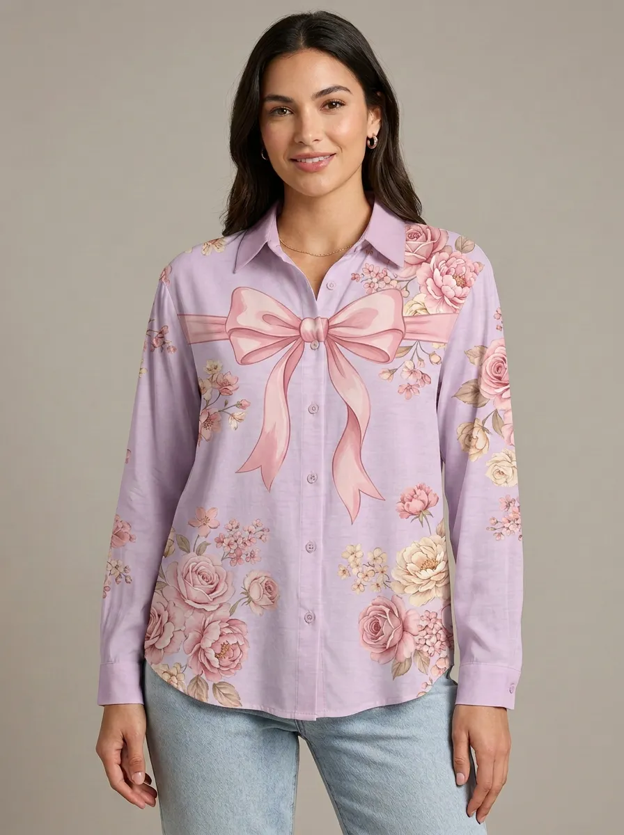 Women's Breast Cancer Awareness Pink Ribbon Floral Printed Button-Up Shirt