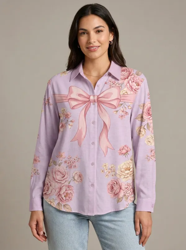 Women's Breast Cancer Awareness Pink Ribbon Floral Printed Button-Up Shirt