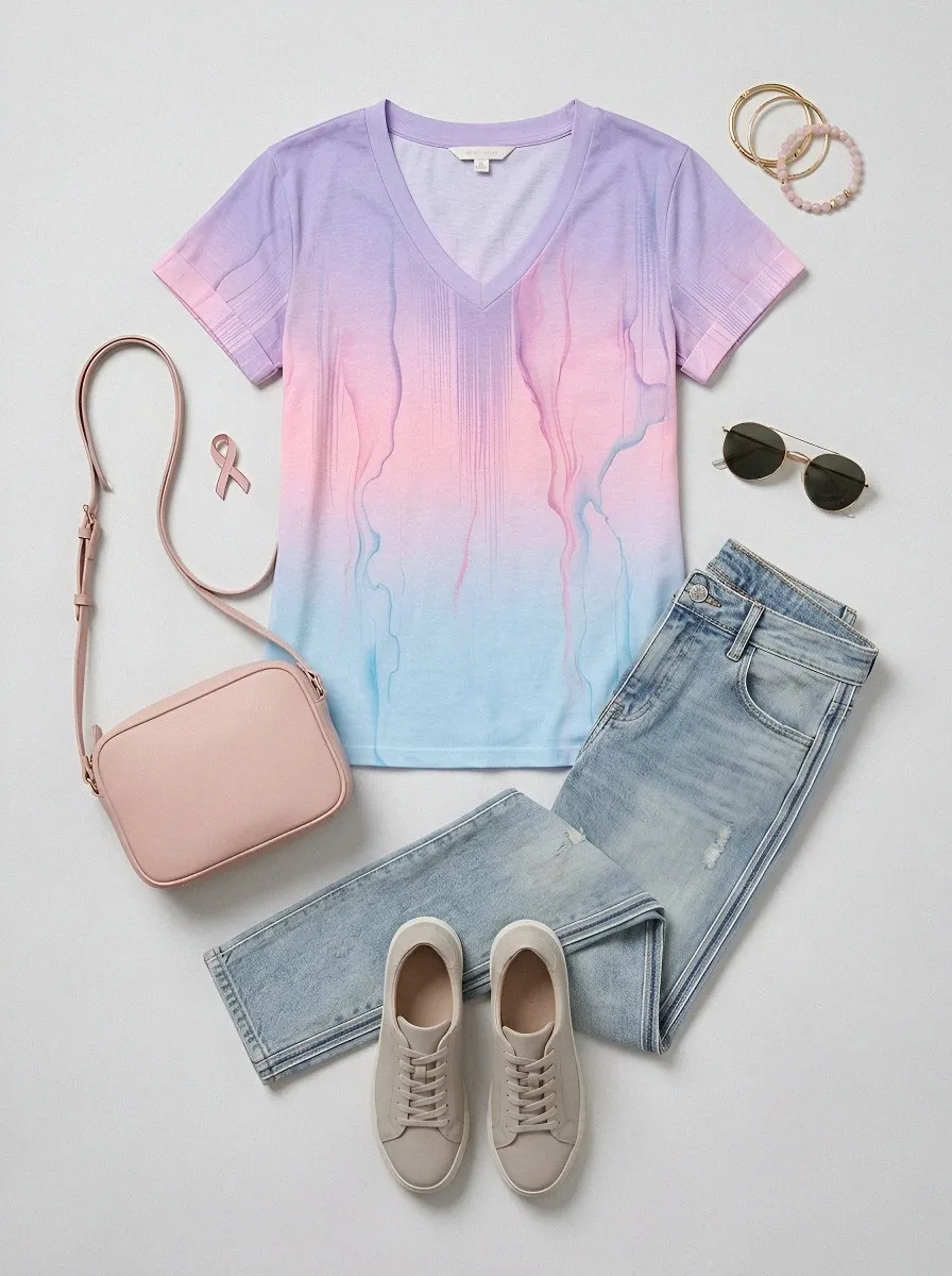 Women's Breast Cancer Awareness Pink Ribbon Gradient Printed V-neck T-shirt