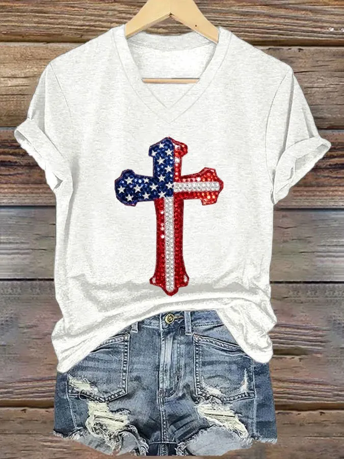 Women'S America Flag Cross Print Casual V-Neck T-Shirt