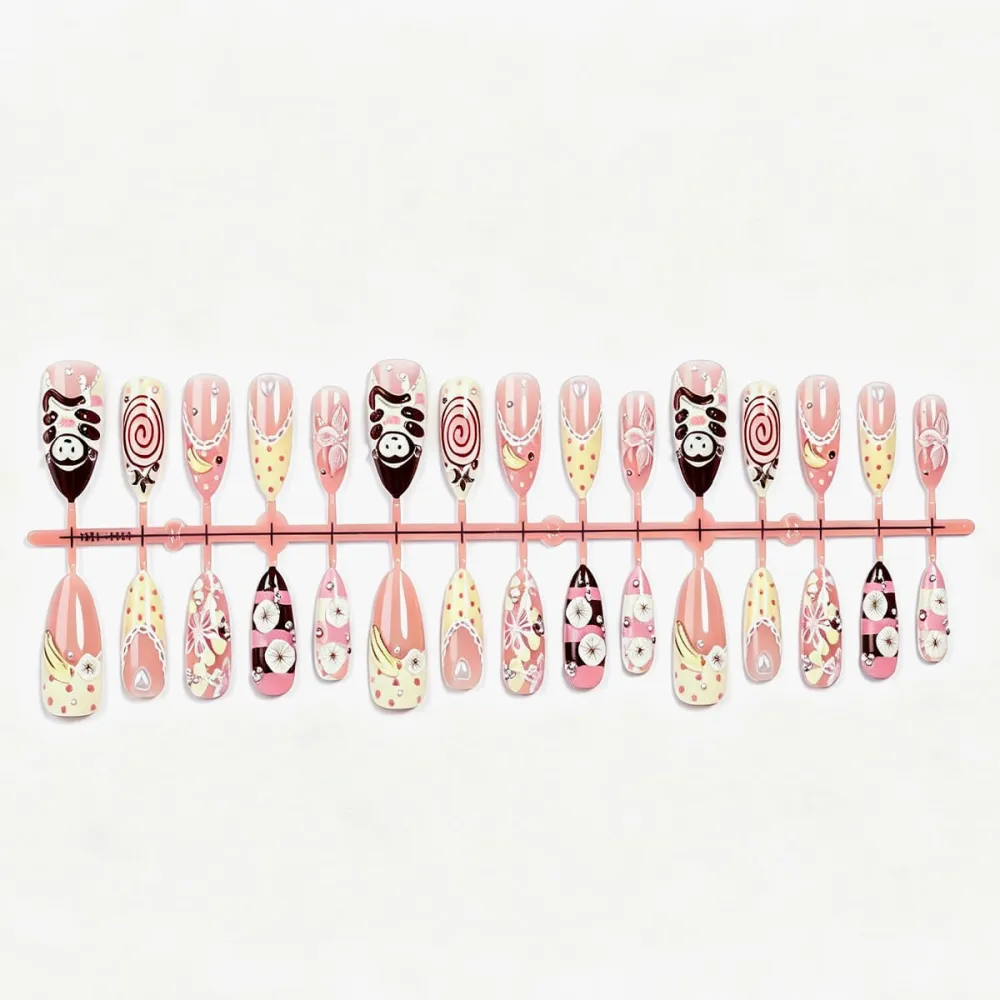 Nailhour 30Pcs French 3D Rhinestone Medium Almond Press On Nails