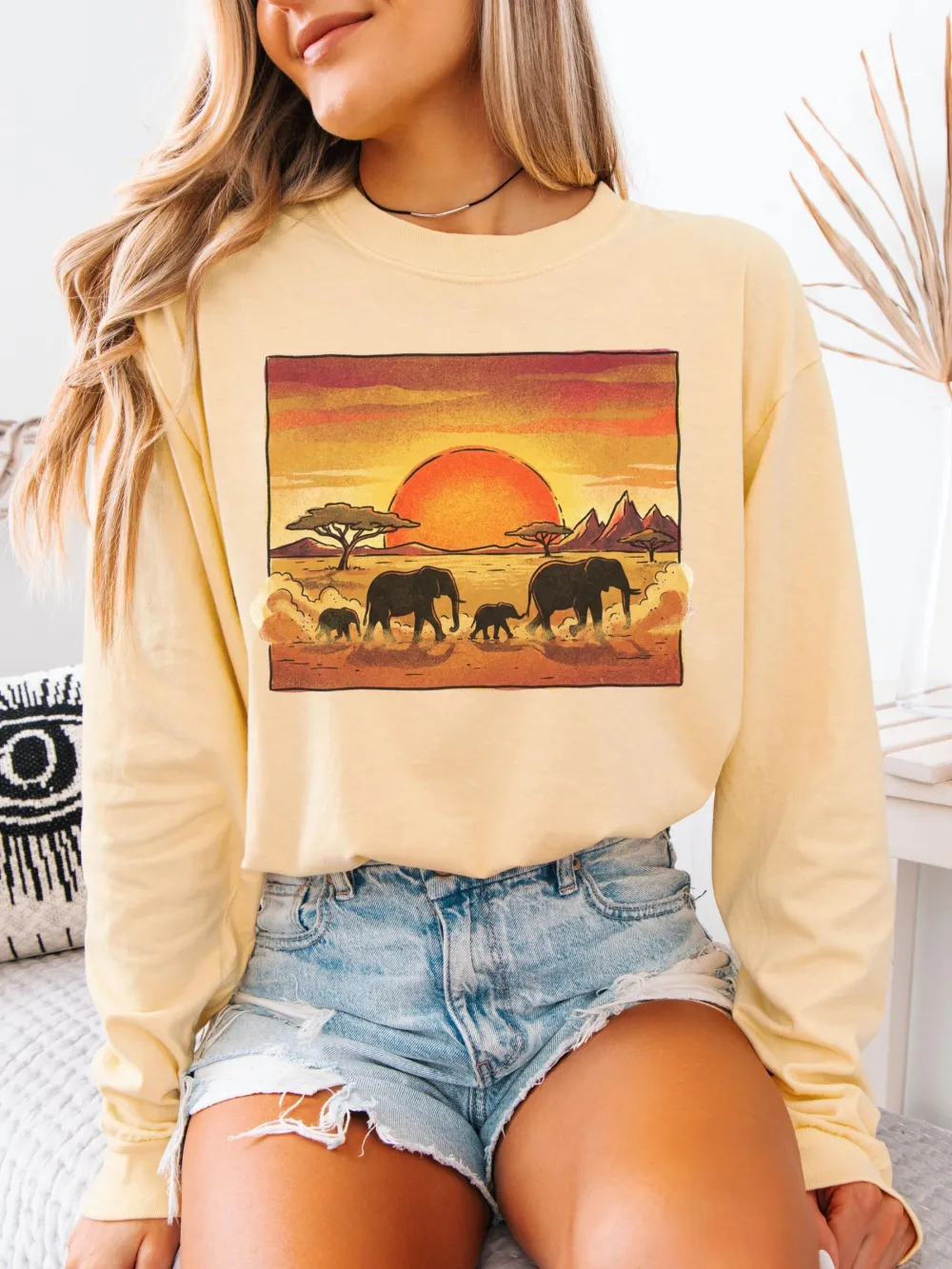 Sunset Elephant Print T-Shirt