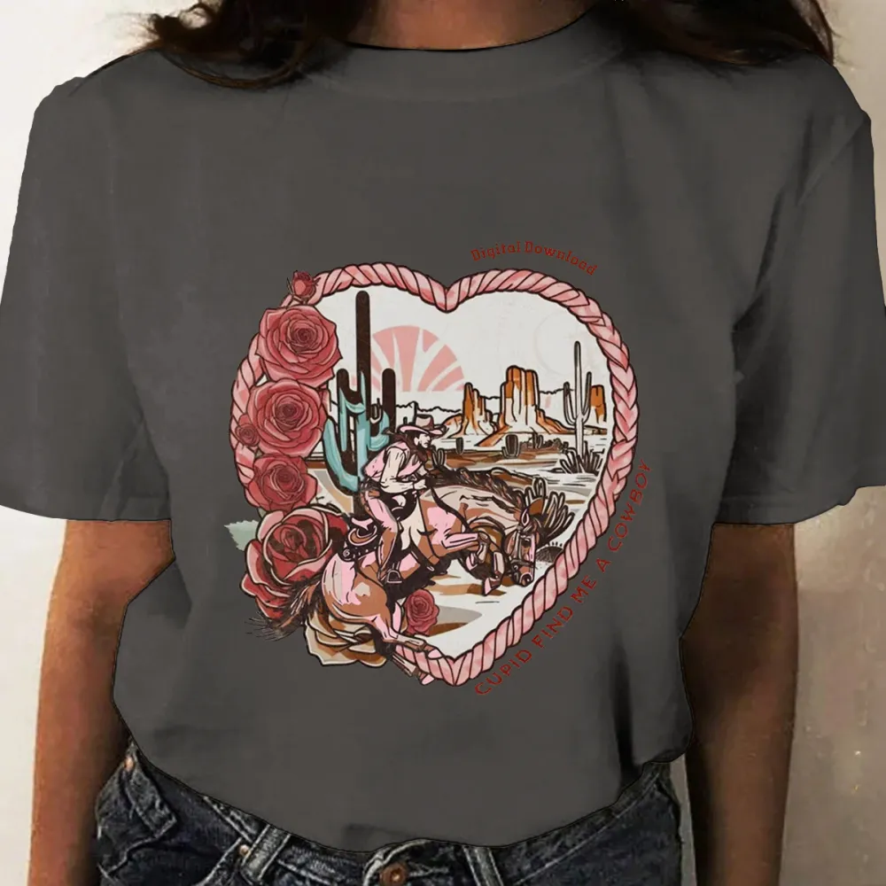 A Cowboy On A Horse With Roses And Cactus In The Heart-Shaped Outline, With A Desert And Sunrise Scene In The Background, Western Cowboy Style, Casual T-Shirt