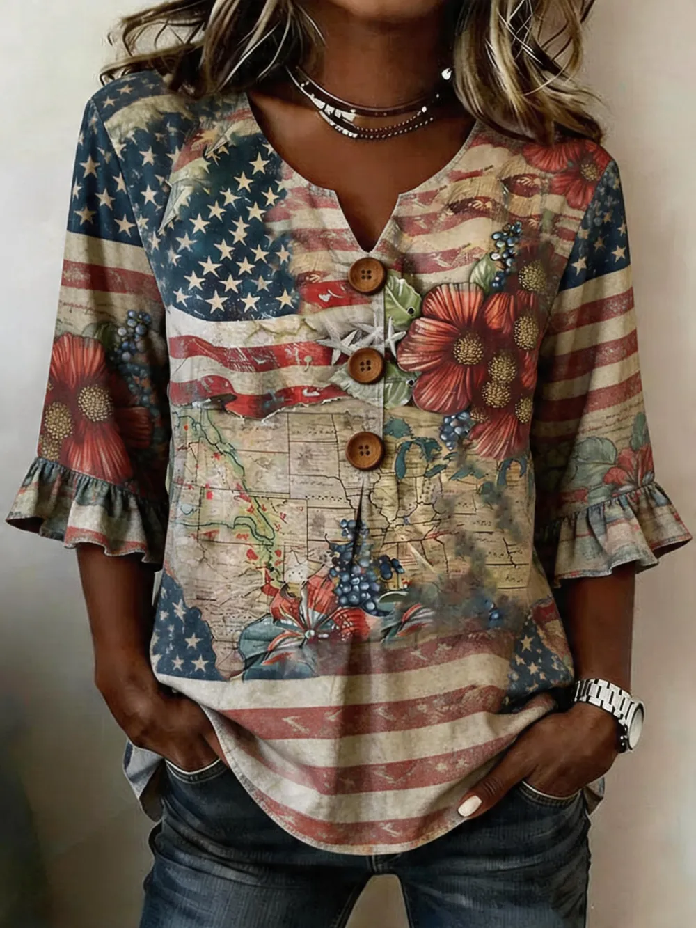 Women'S Retro color-blocked Printed Casual Top