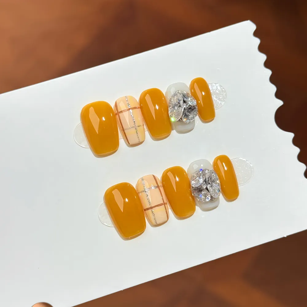 Nailhour 10Pcs Yellow Minimalist Cat Eye French Medium Square Press On Nails