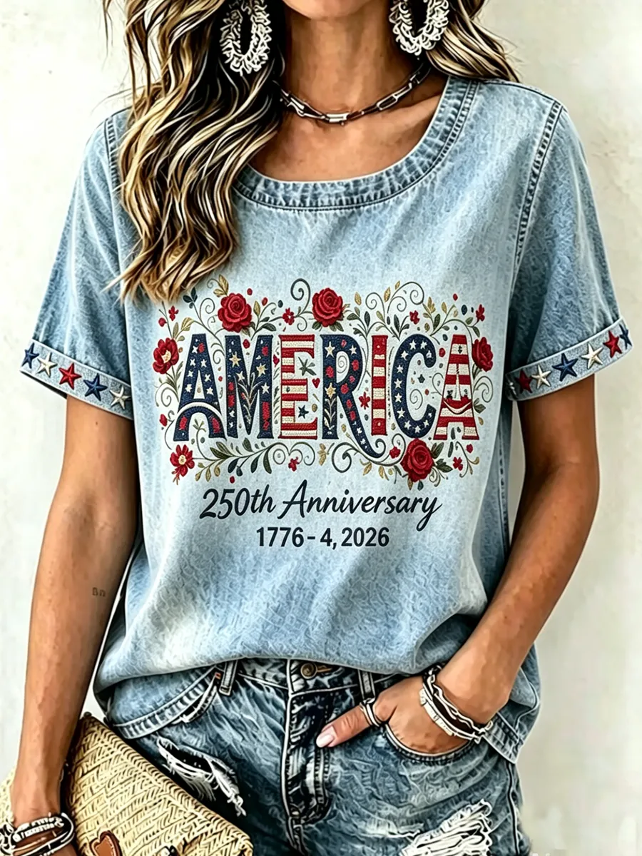 Women's Independence Day Eagle And American Flag 1776-2026 Print Short Sleeve T-shirt