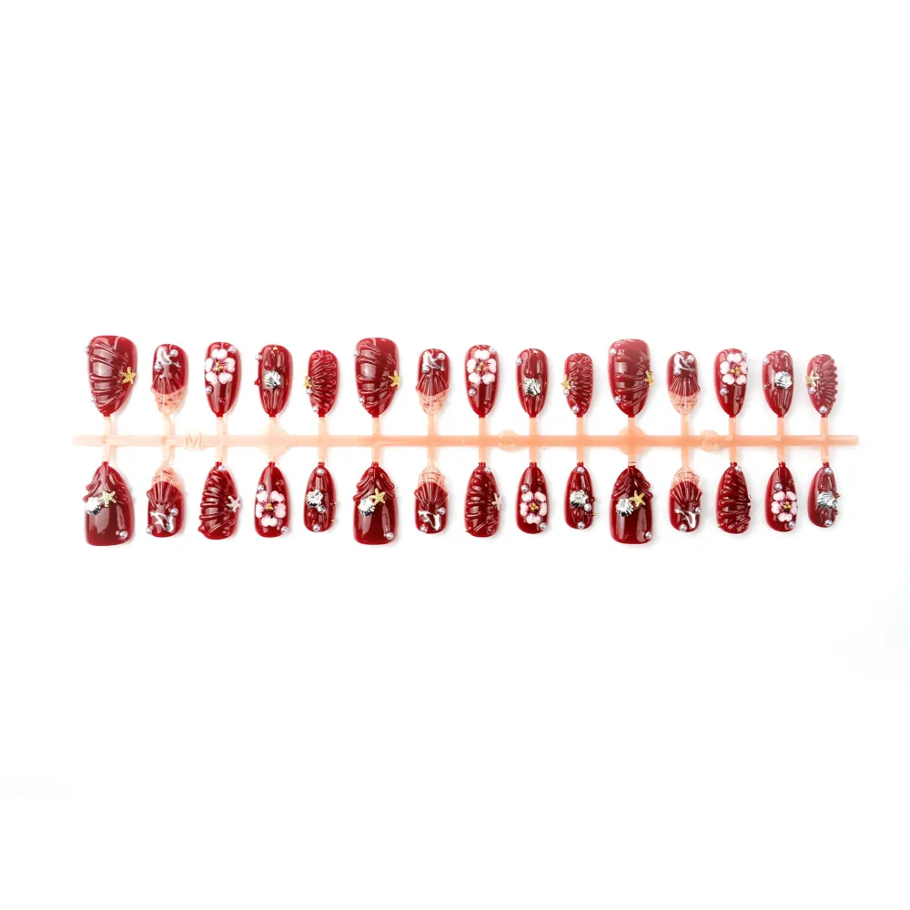 Nailhour 30Pcs Floral 3D Medium Almond Red French Press On Nails