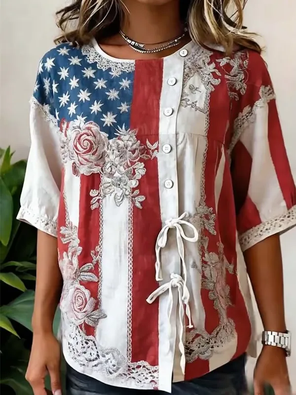 Women'S Independence Day Floral Printed Cotton And Linen Top