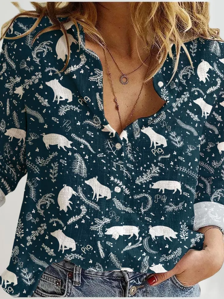 Cute Pig Print Long Sleeve Shirt
