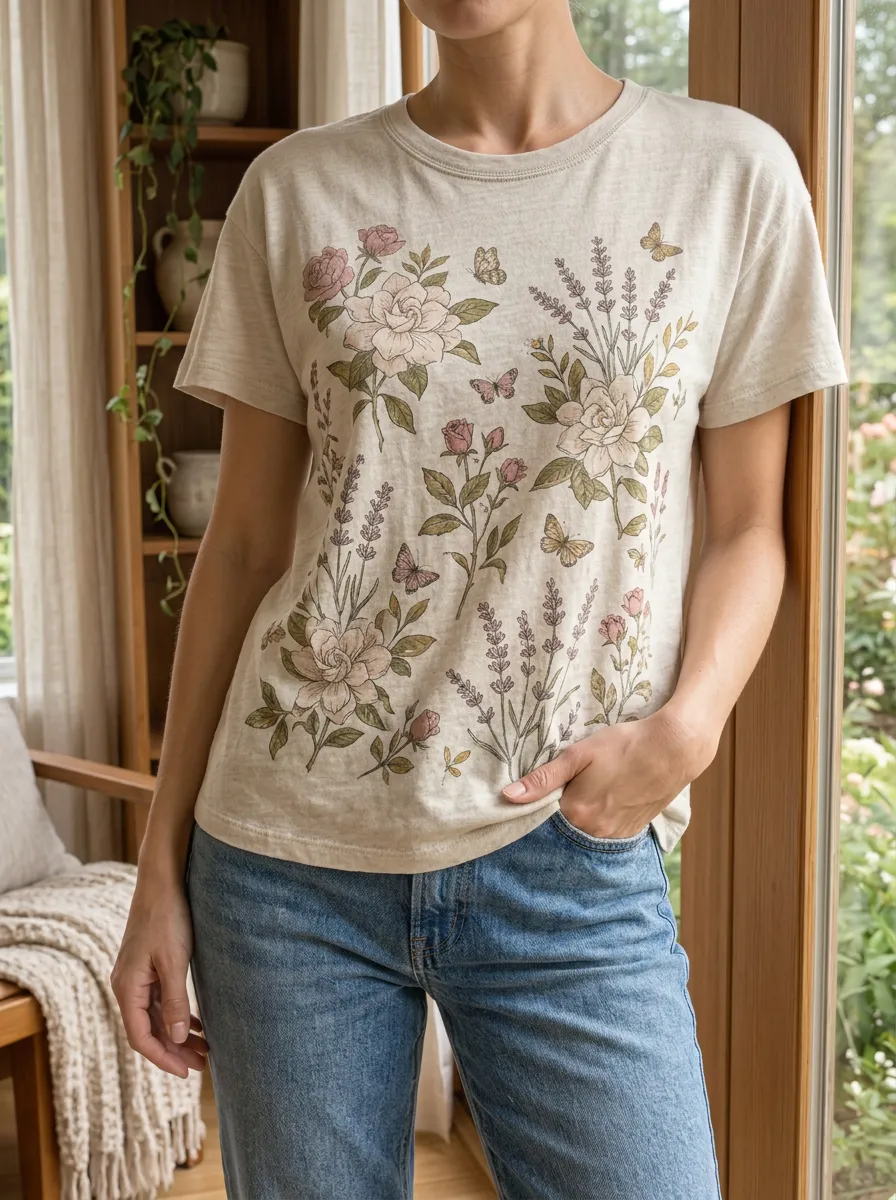 Women's Garden Botanical Butterfly Floral Crew Neck T-Shirt