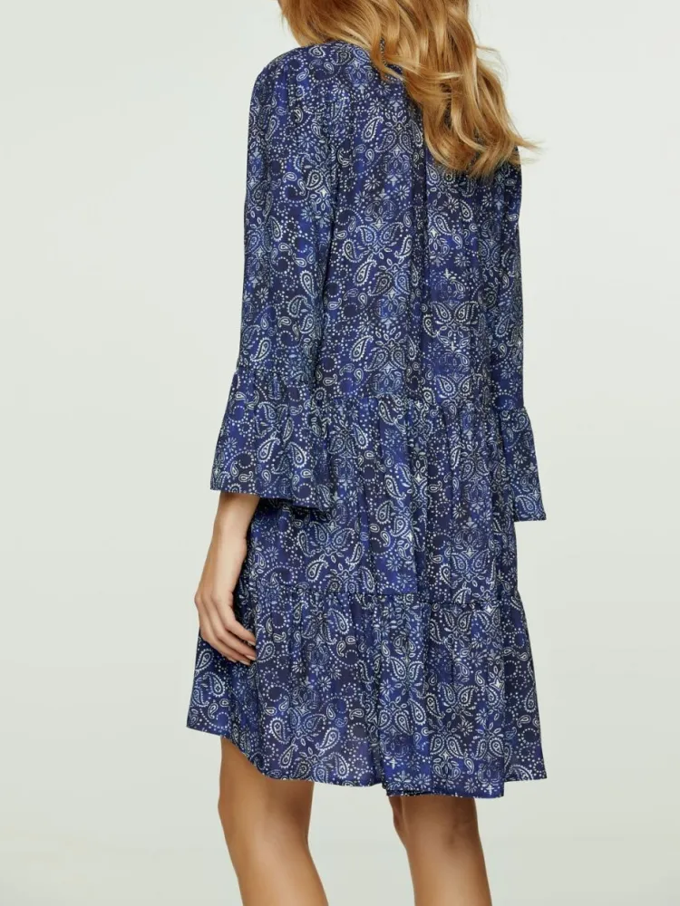 Paisley Print Notched Dress