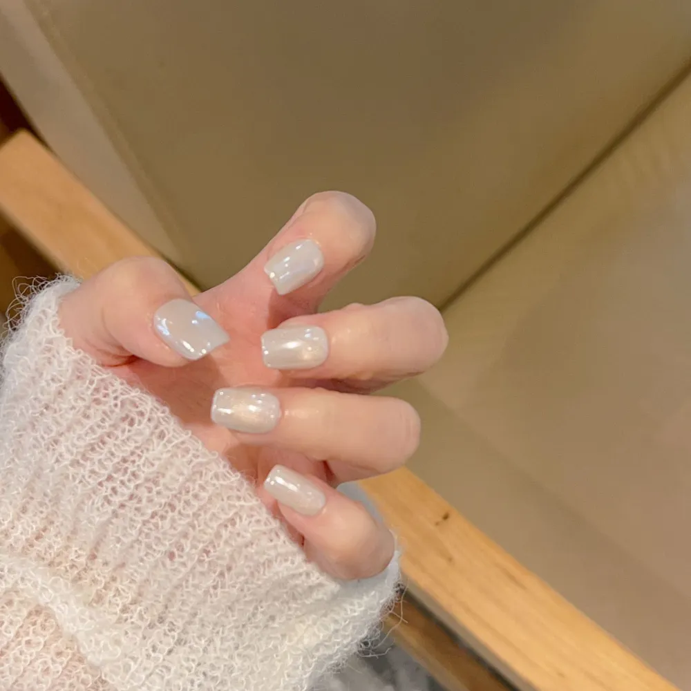 Nailhour 10Pcs Nude French Cat Eye Minimalist Short Square Press On Nails