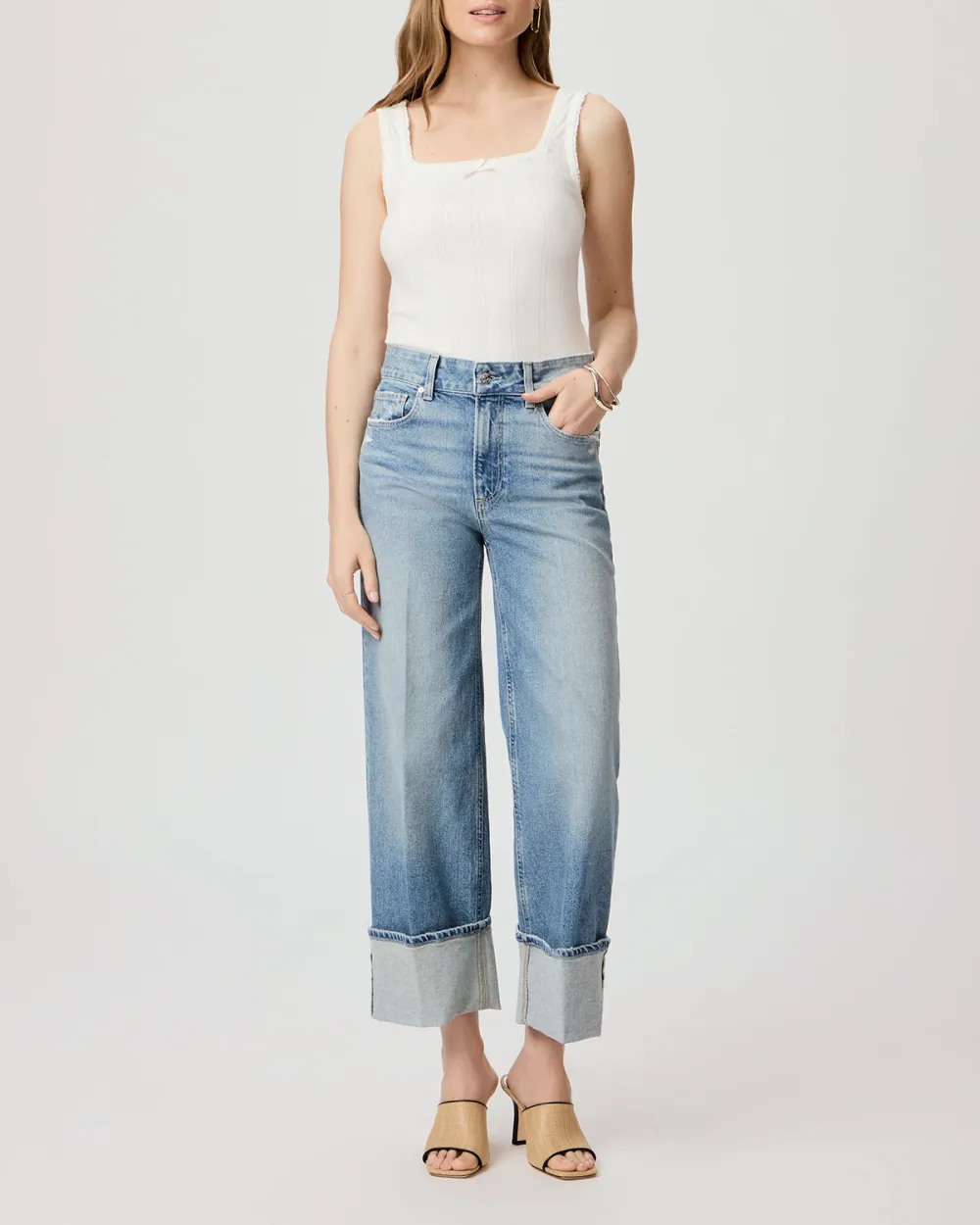 White Pointelle Stitched Square Neck Tank Top