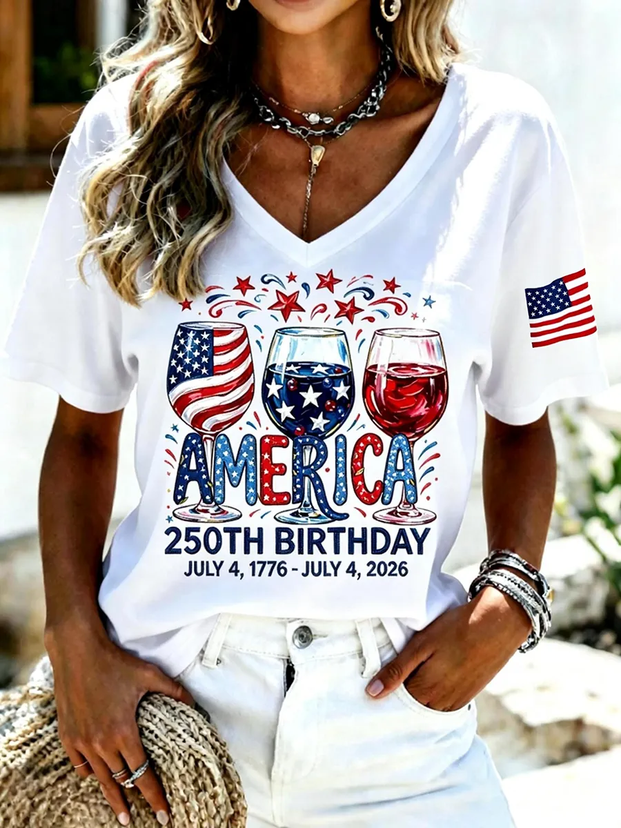 Women's America Floral Print V-Neck Casual T-Shirt