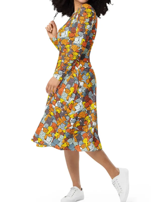 Colorful Cat Print Midi Dress