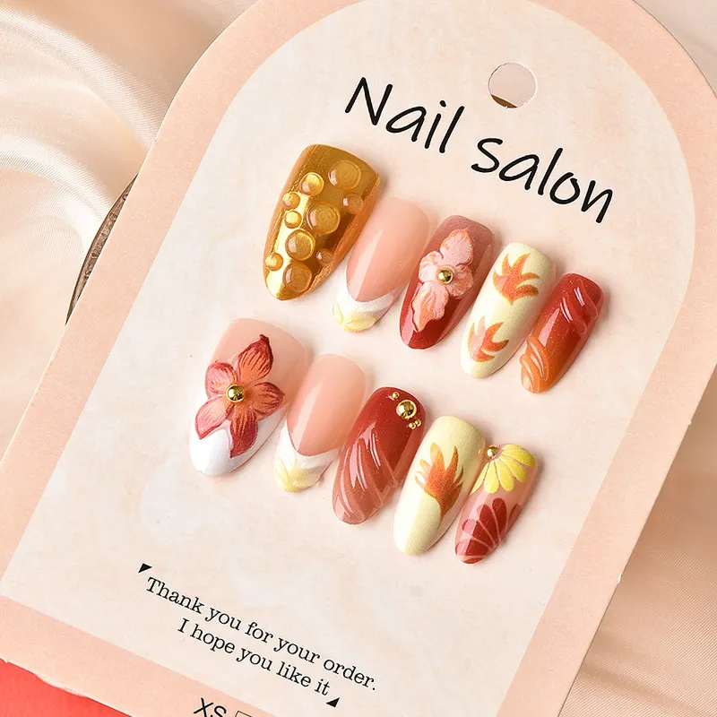 Nailhour 30Pcs Autumn Multicolo Floral Medium Almond Press On Nails