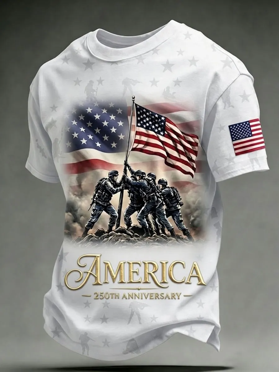 Men'S Retro America 250 National Flag Print Casual T Shirt