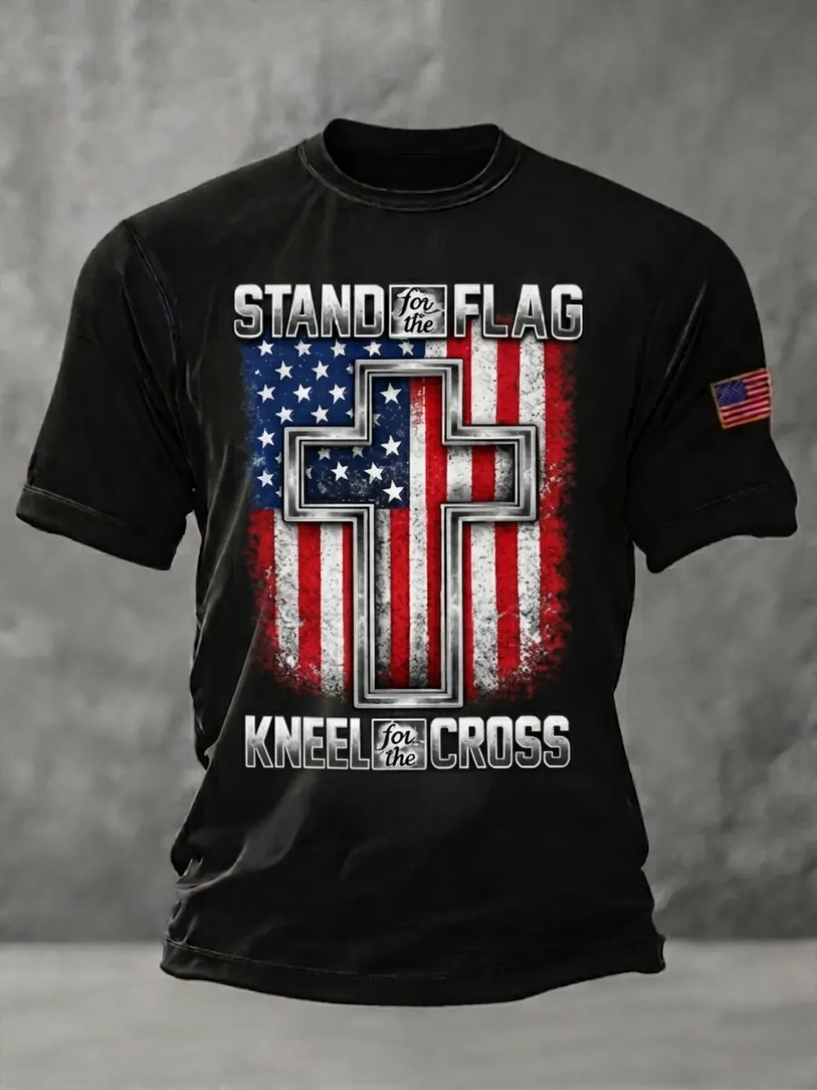 Men's America's 250th Anniversary Stand For The Flag Kneel For The Cross Faith Christian Cross Print T-Shirt