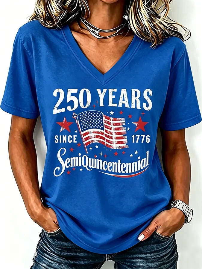 Ladies' Casual American 250Th Anniversary Commemorative Sequin Personalized Print V-Neck T-Shirt