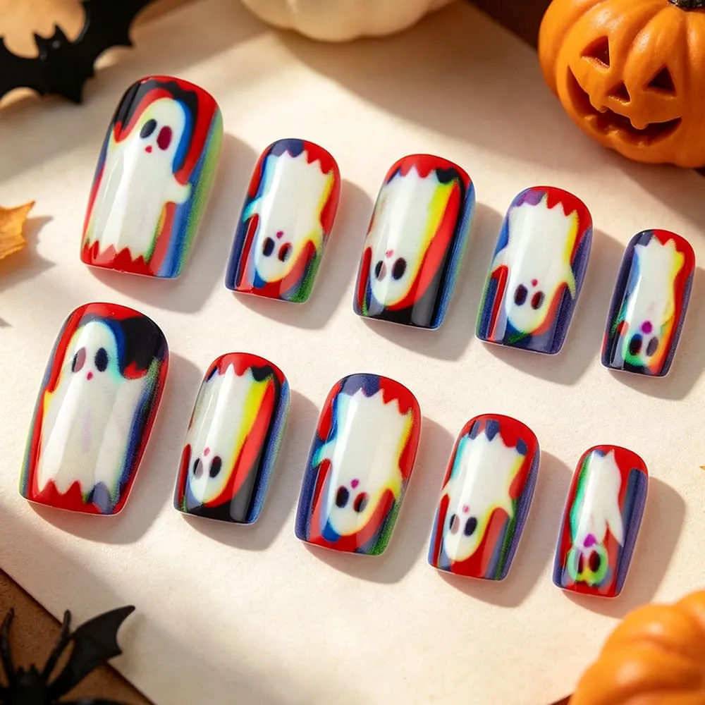 Nailhour 24Pcs Rainbow Double Image Ghost Halloween Short Square Press On Nails
