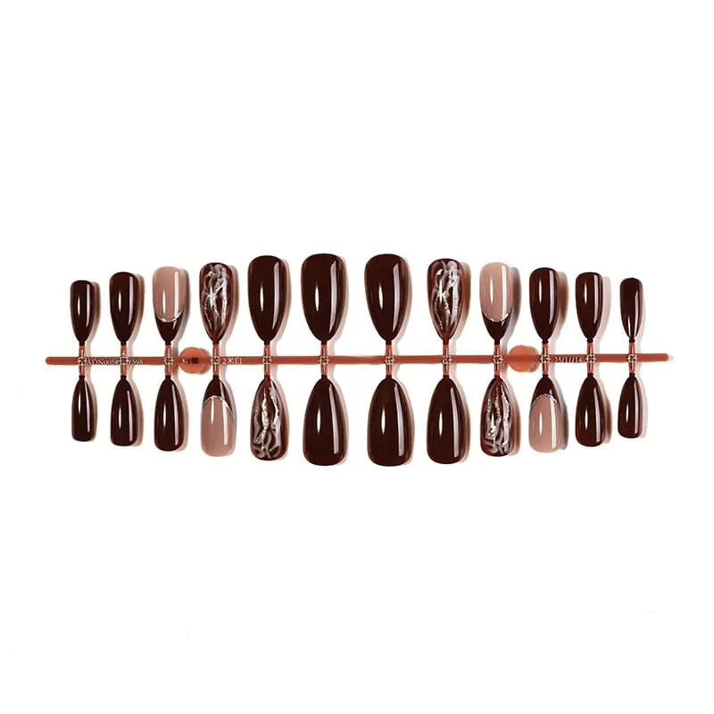 Nailhour 24Pcs Gradient Brown Medium Almond French Press On Nails