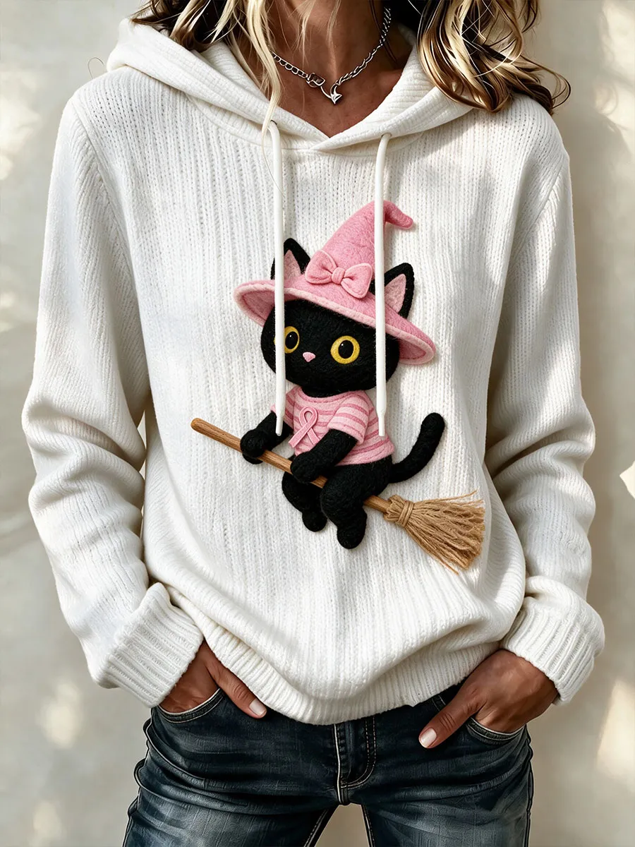 Women's Pink witch hat black cat hooded knitted sweatshirt