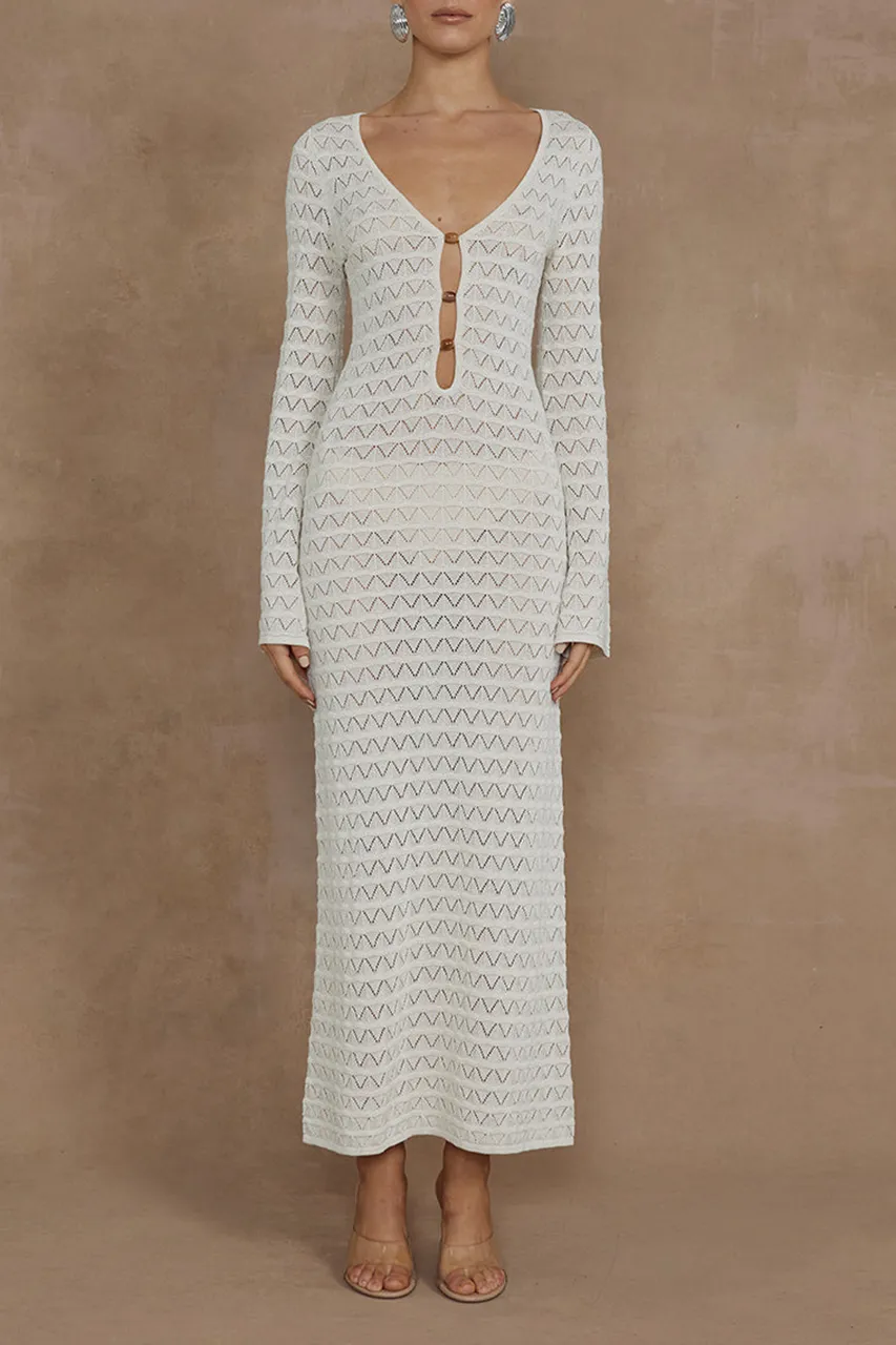 Long Sleeve Button Detail Knit Midi Dress