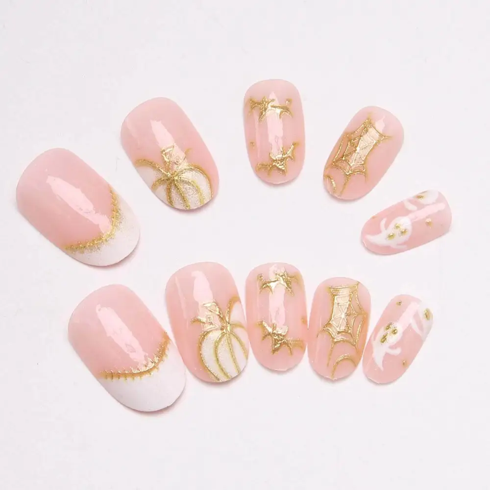 Nailhour 24Pcs Gilded Short Oval Halloween Press On Nails