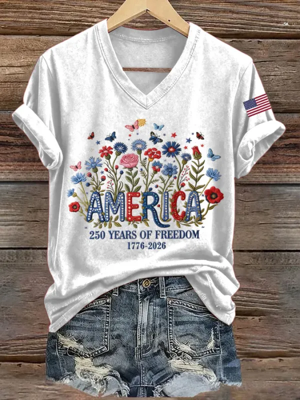 Women's 250th Anniversary Freedom Print V-Neck T-Shirt
