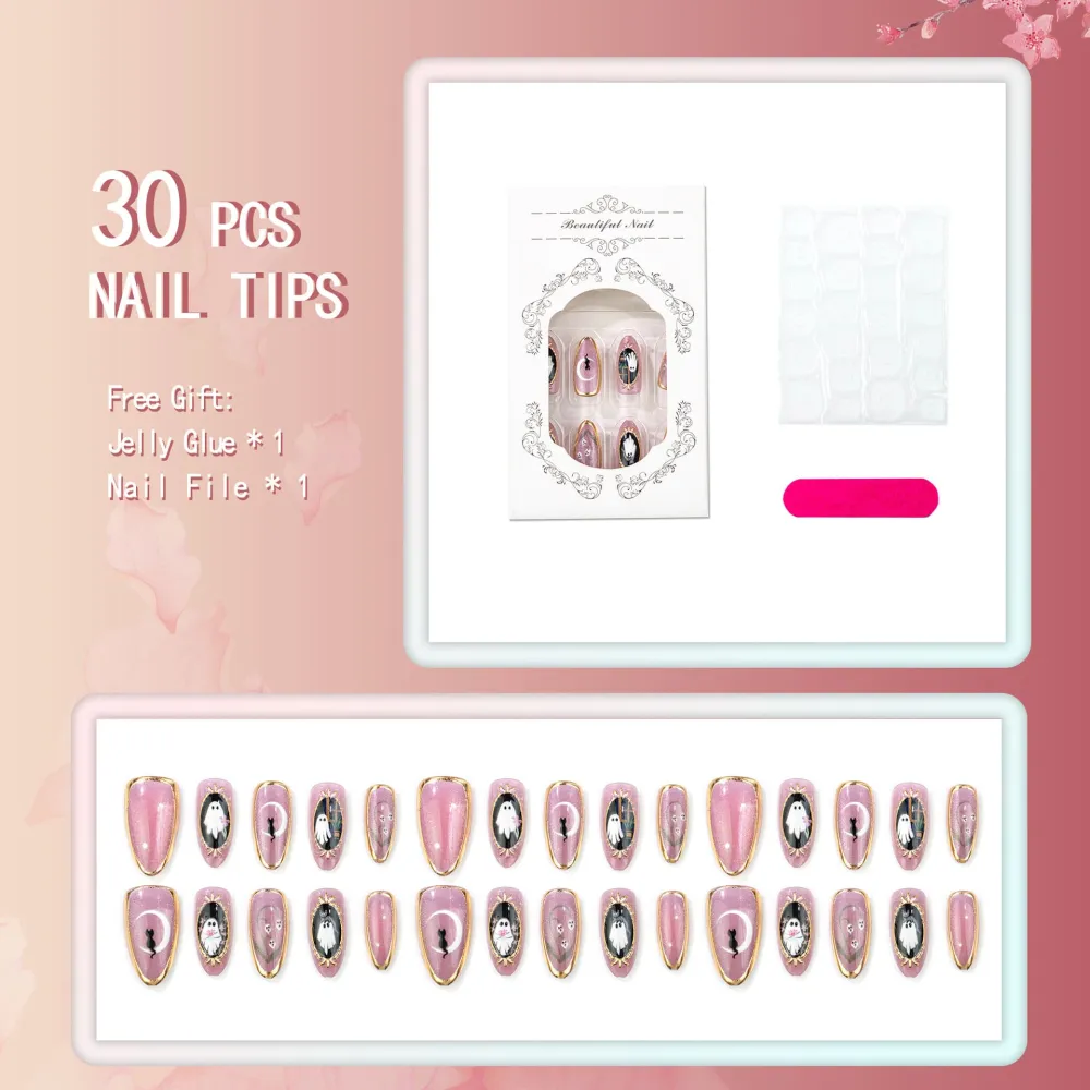 Nailhour 30Pcs Purple Ghost Gilded Halloween Medium Almond Press On Nails