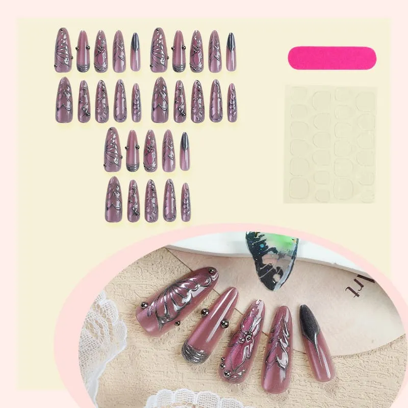 Nailhour 30Pcs Cat Eye 3D Long Stiletto French Press On Nails