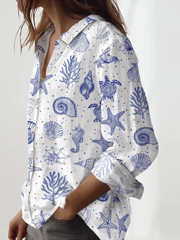 Ocean Theme Print Long Sleeve Shirt