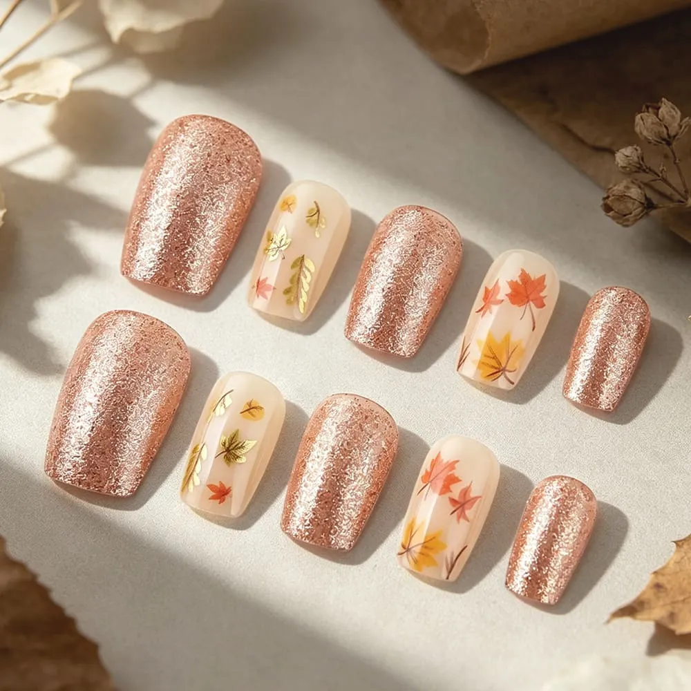 Nailhour 24Pcs Grey Autumn Glitter Medium Square Press On Nails