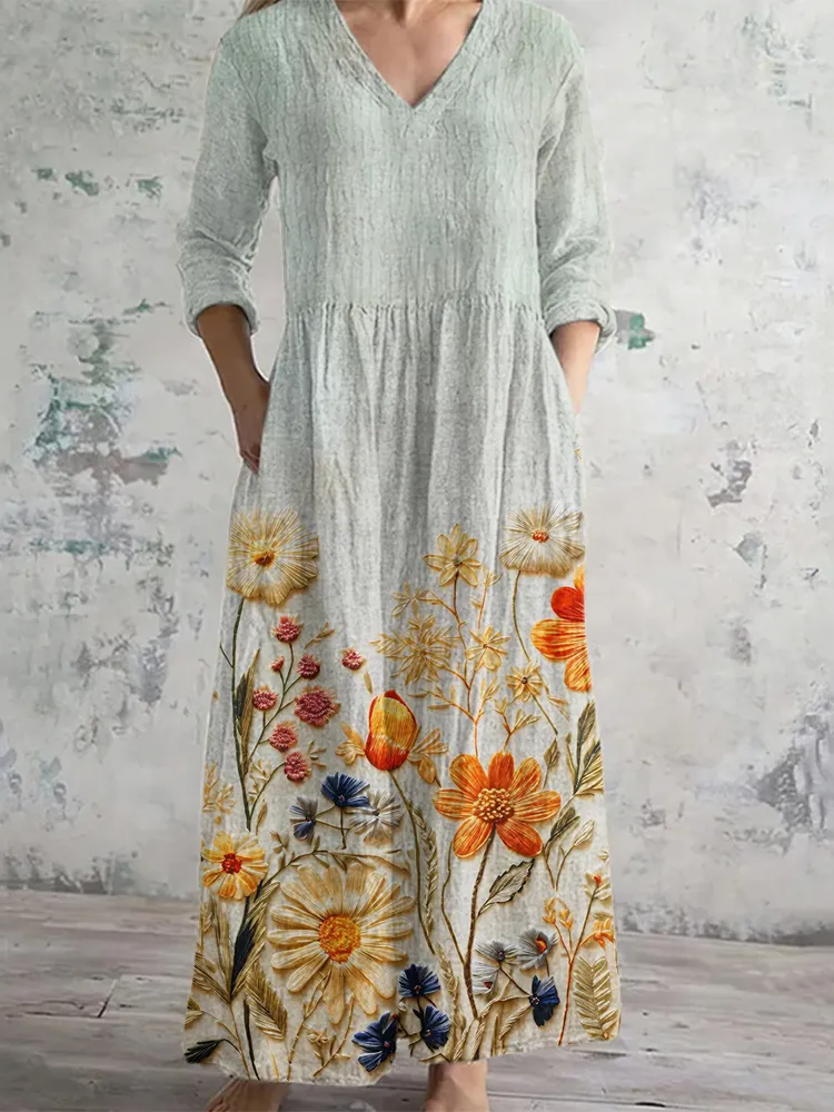 Floral Print Light Green Linen Cotton Dress
