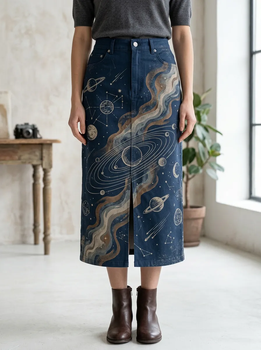 Women's Cosmic Astral Celestial Print Denim Midi Skirt