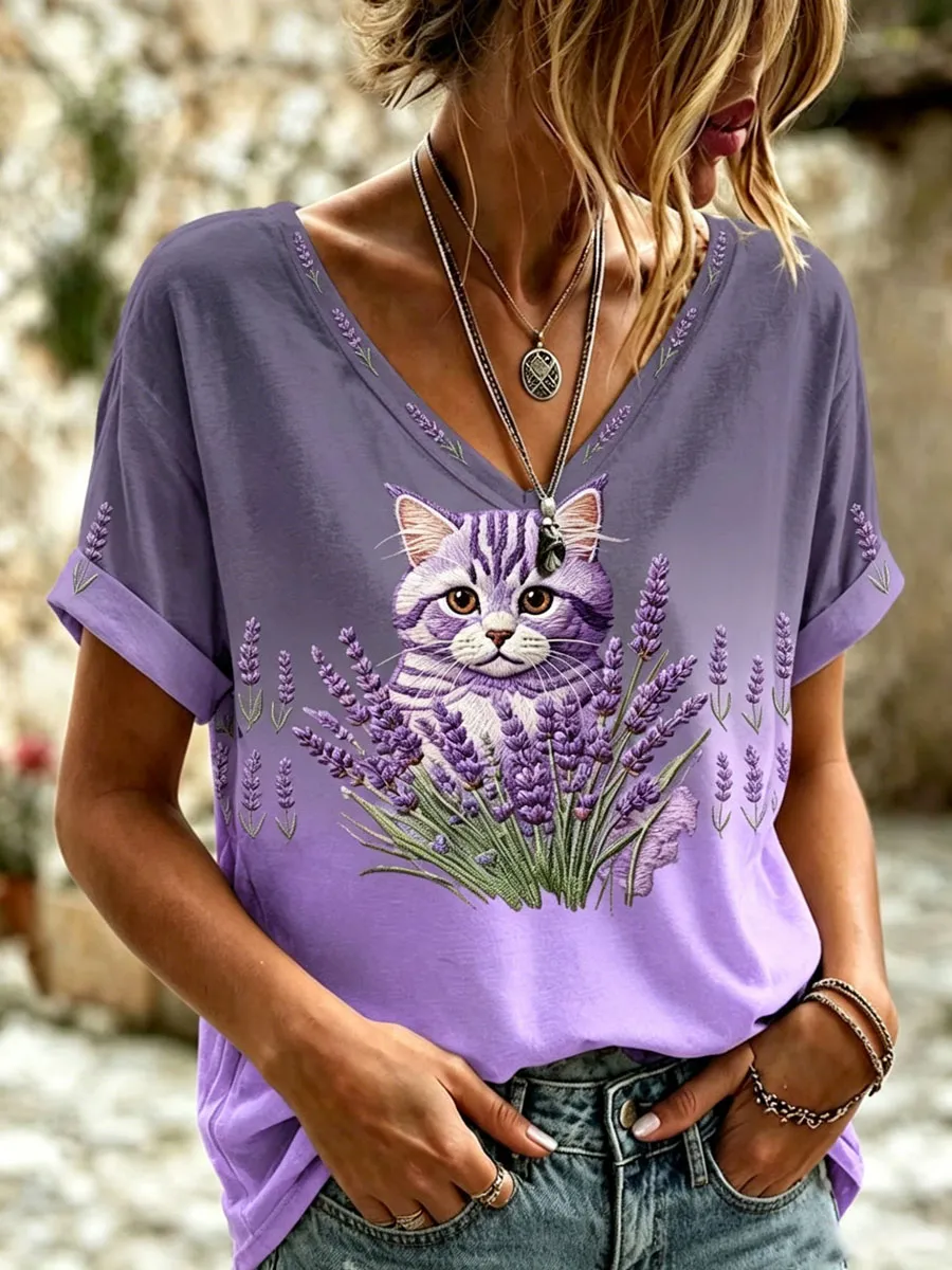 Women'S Vintage Cotton-Linen cat Top With Cross Pattern