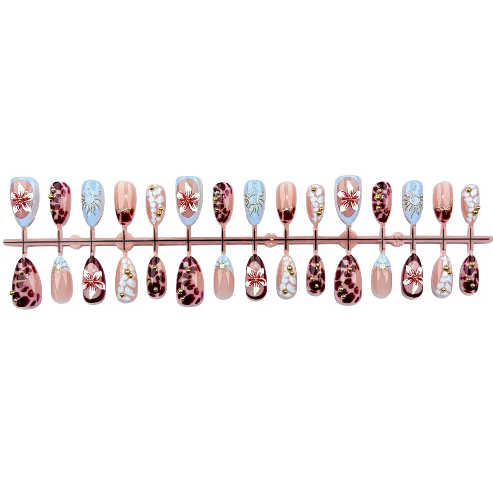 Nailhour 30Pcs Medium Almond Floral 3D Gilded French Press On Nails