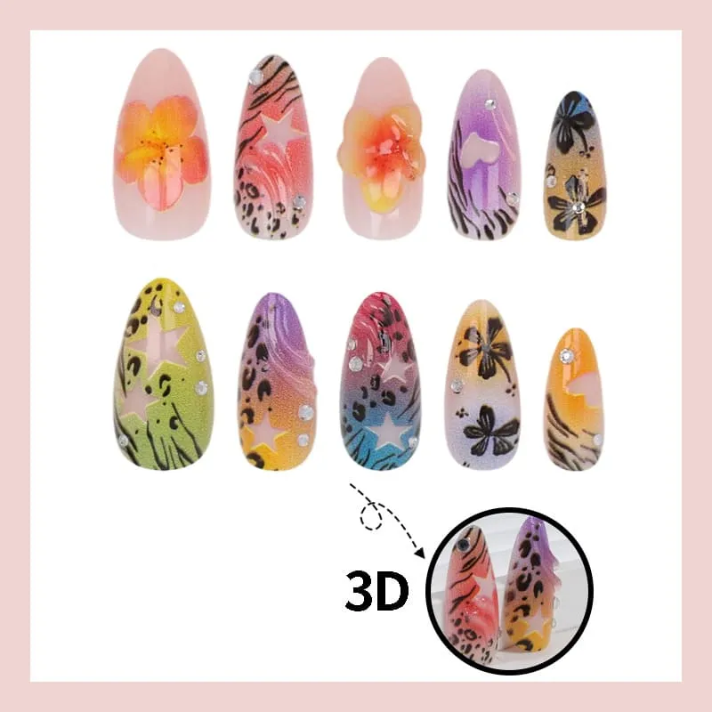 Nailhour 24Pcs Beach Floral 3D Medium Almond French Press On Nails
