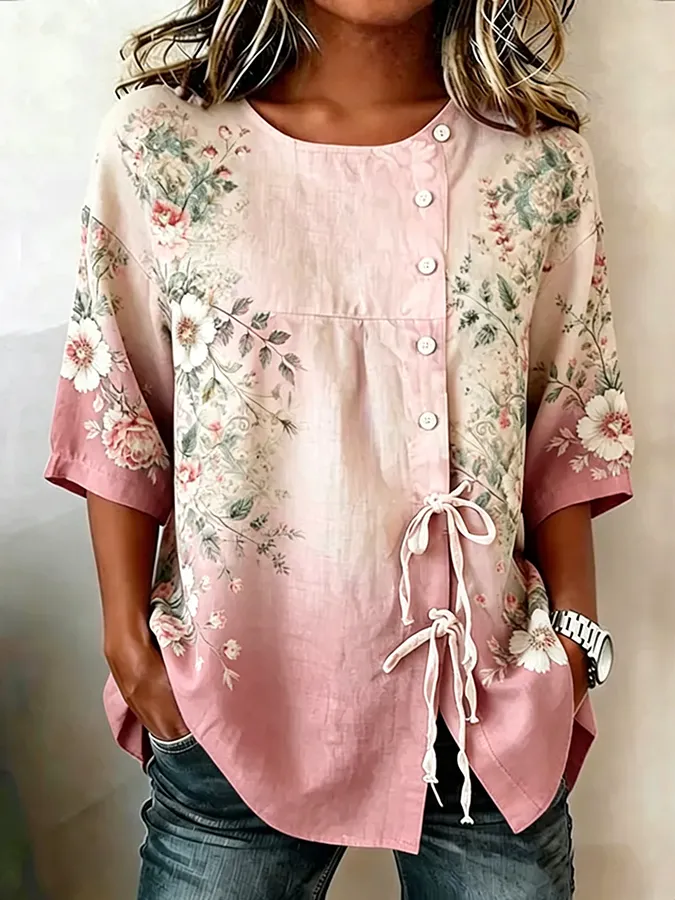 Women's casual floral cotton linen short sleeved shirt