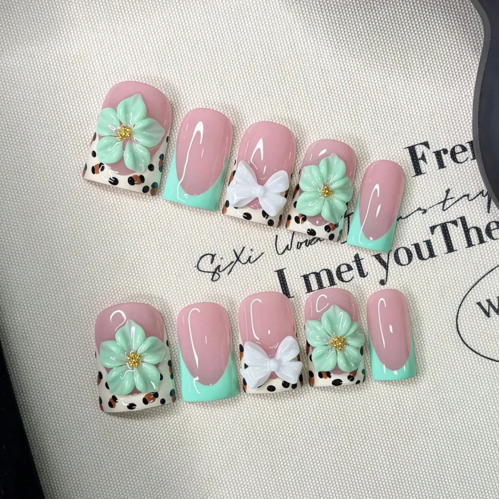 Nailhour 10Pcs Handmade Y2K Green French Short Square Press On Nails