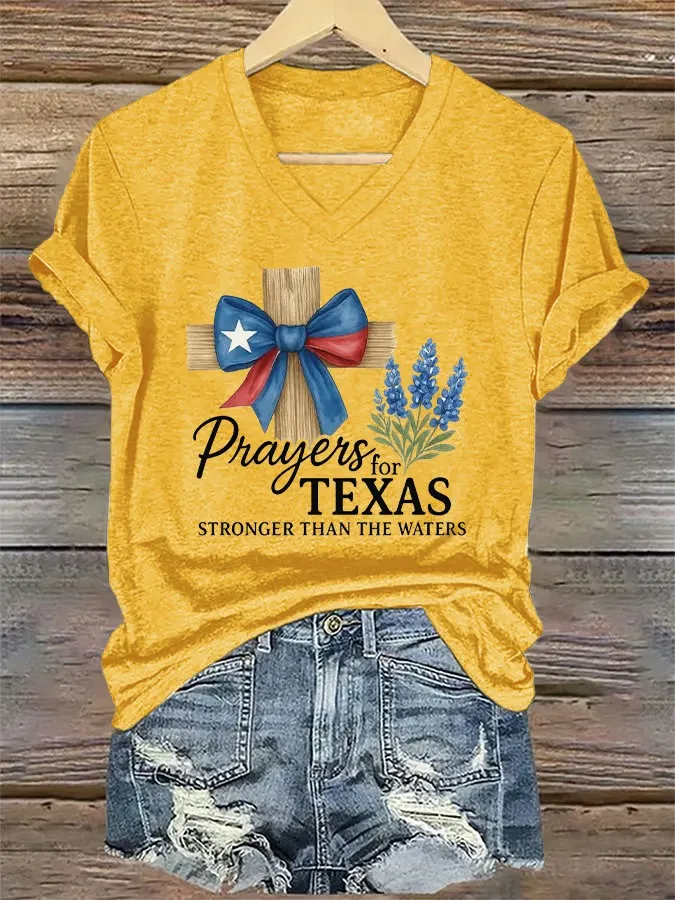 V-Neck Retro Prayers For Texas Print T-Shirt