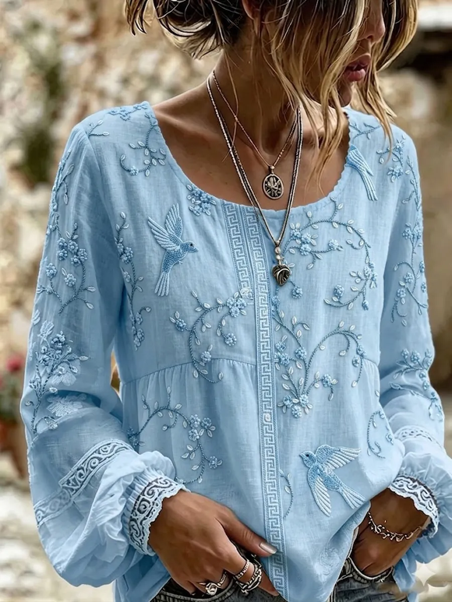 Women'S Retro Bohemian Style Plant Embroidered Printed T-Shirt