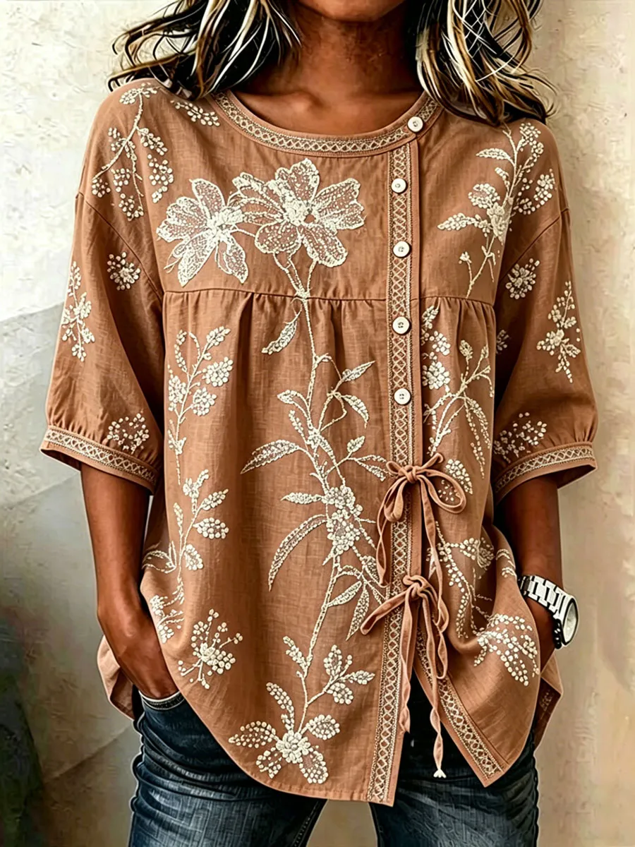Women'S Casual Print Cotton Linen Top